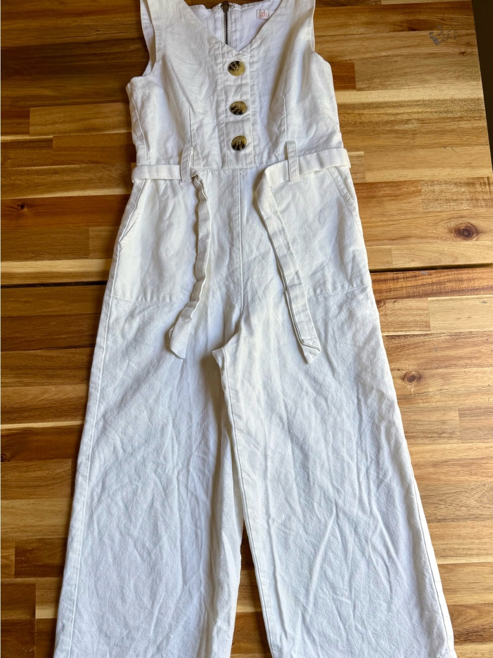 Girls Sleeveless White Wide-Leg Jumpsuit with Button Front